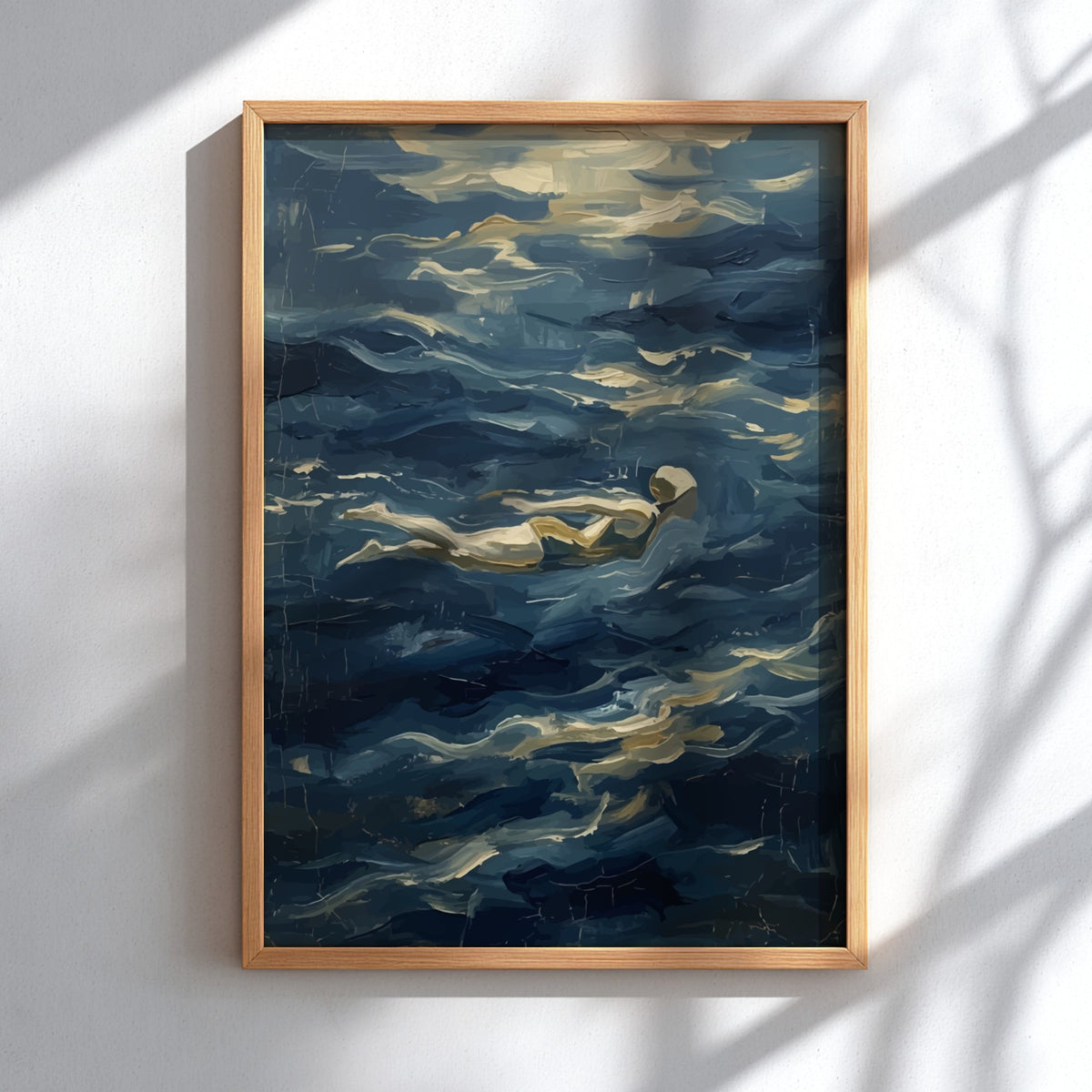 Poster of a lone swimmer gliding through textured, deep blue, impressionist style ocean waves.