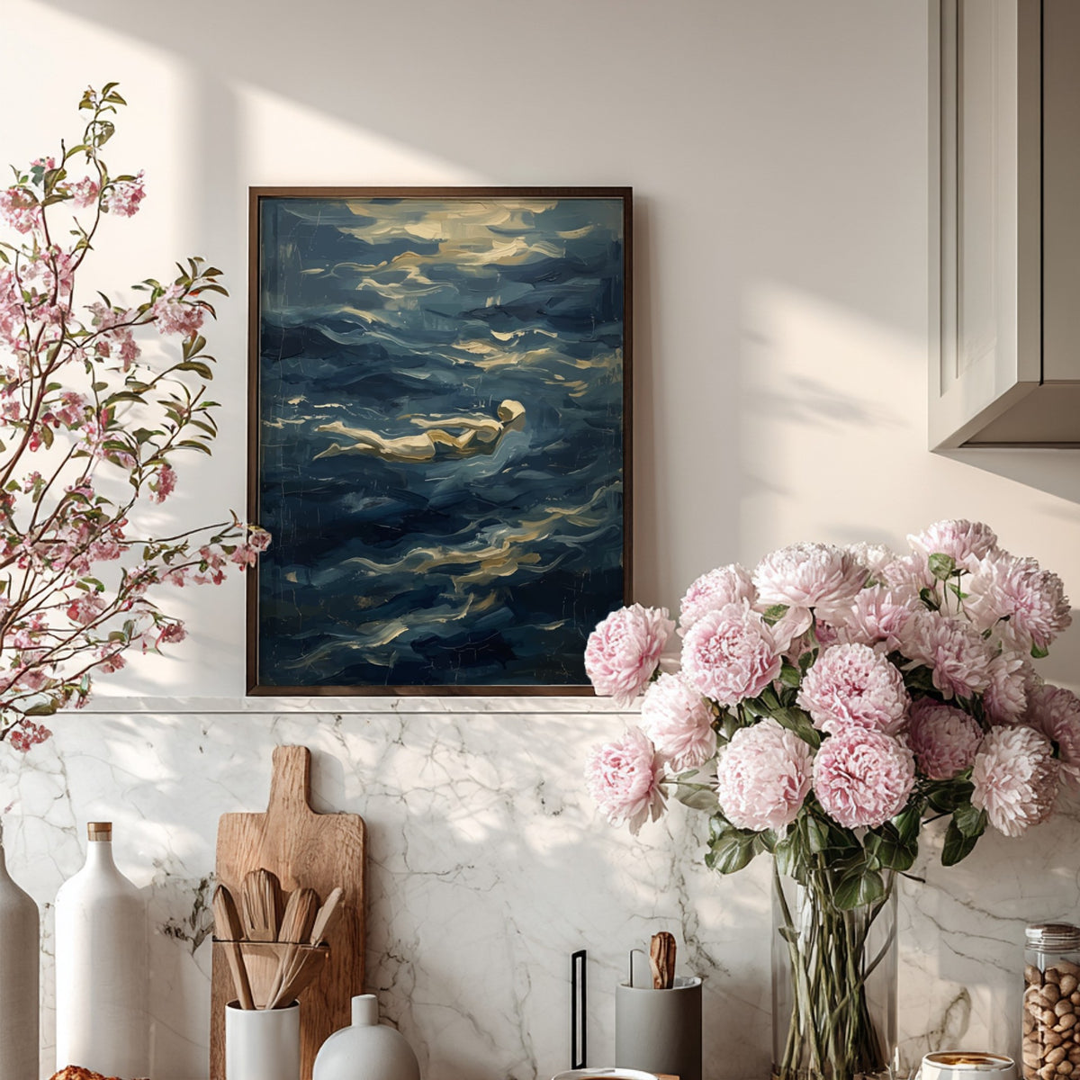 Poster of a lone swimmer gliding through textured, deep blue, impressionist style ocean waves.