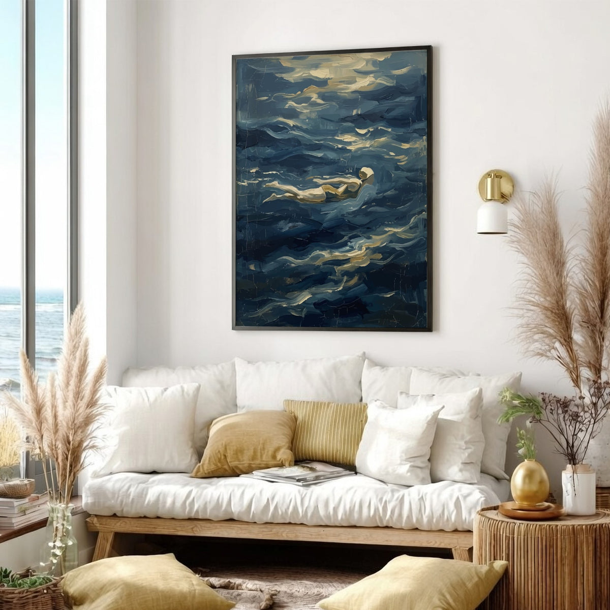 Poster of a lone swimmer gliding through textured, deep blue, impressionist style ocean waves.