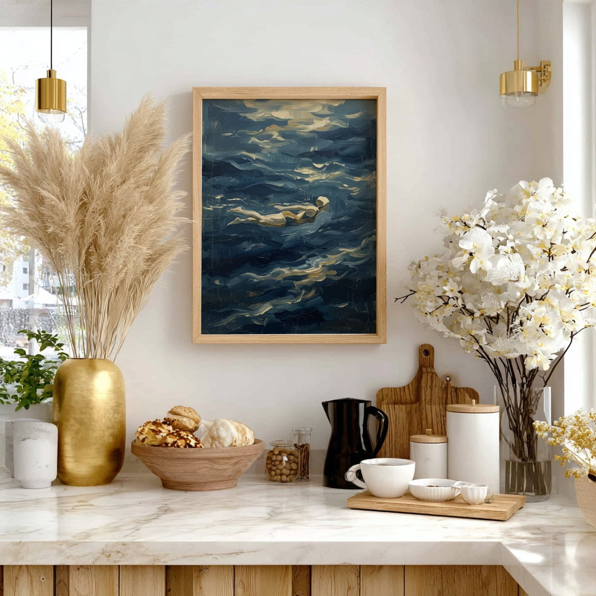 Poster of a lone swimmer gliding through textured, deep blue, impressionist style ocean waves.