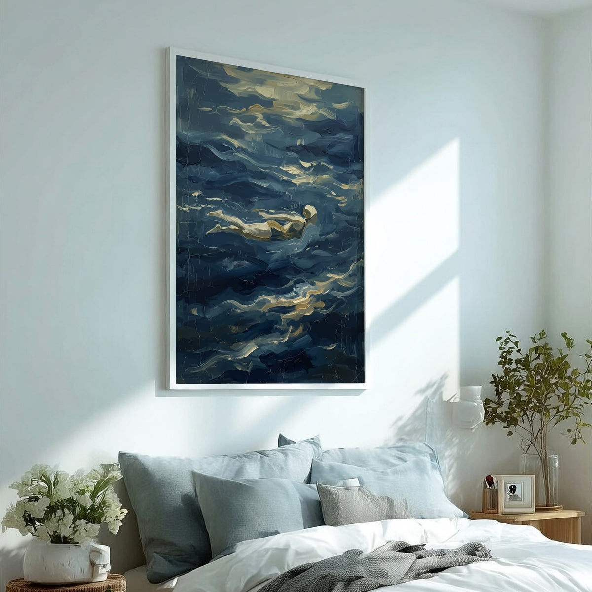Poster of a lone swimmer gliding through textured, deep blue, impressionist style ocean waves.