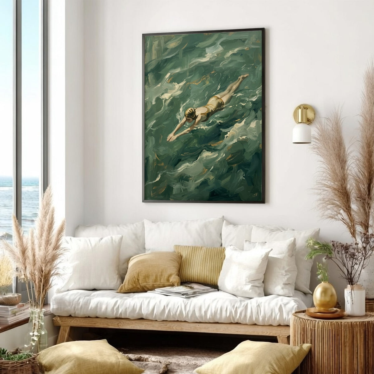 Poster of a vintage swimmer gliding through textured green waves in a painterly style