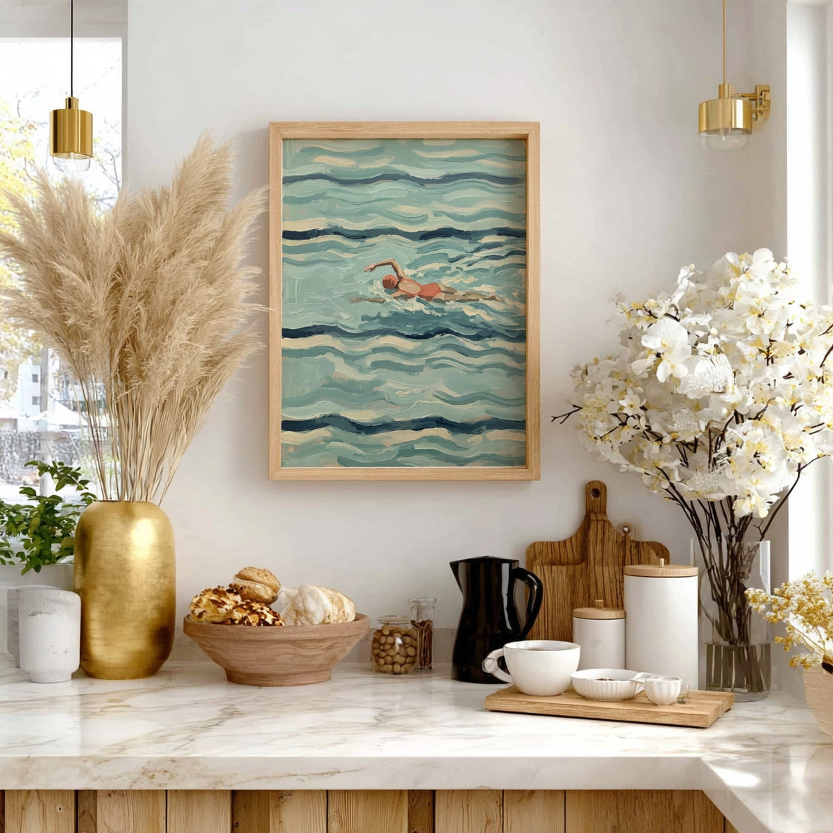 Poster of a person swimming through textured blue waves in a vintage painterly style