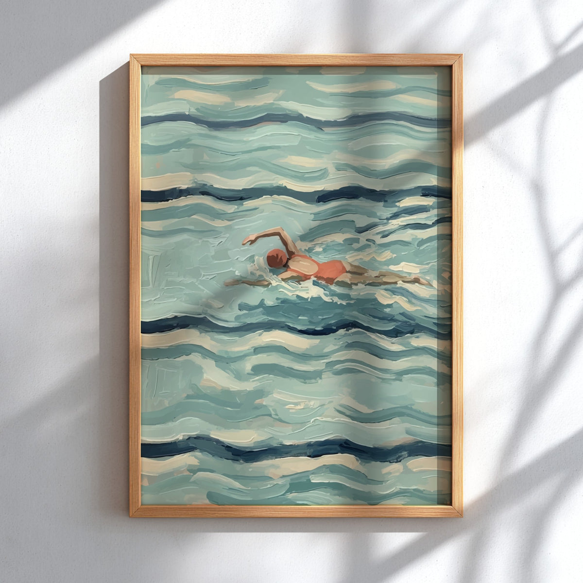 Poster of a person swimming through textured blue waves in a vintage painterly style