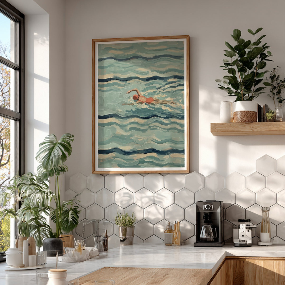 Poster of a person swimming through textured blue waves in a vintage painterly style