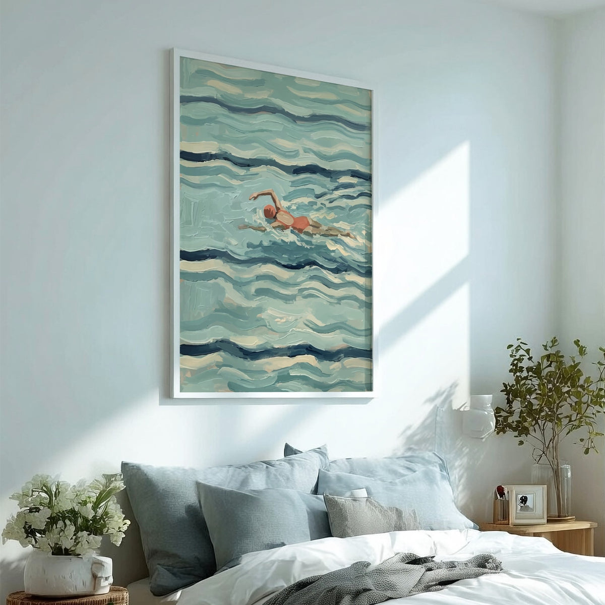 Poster of a person swimming through textured blue waves in a vintage painterly style
