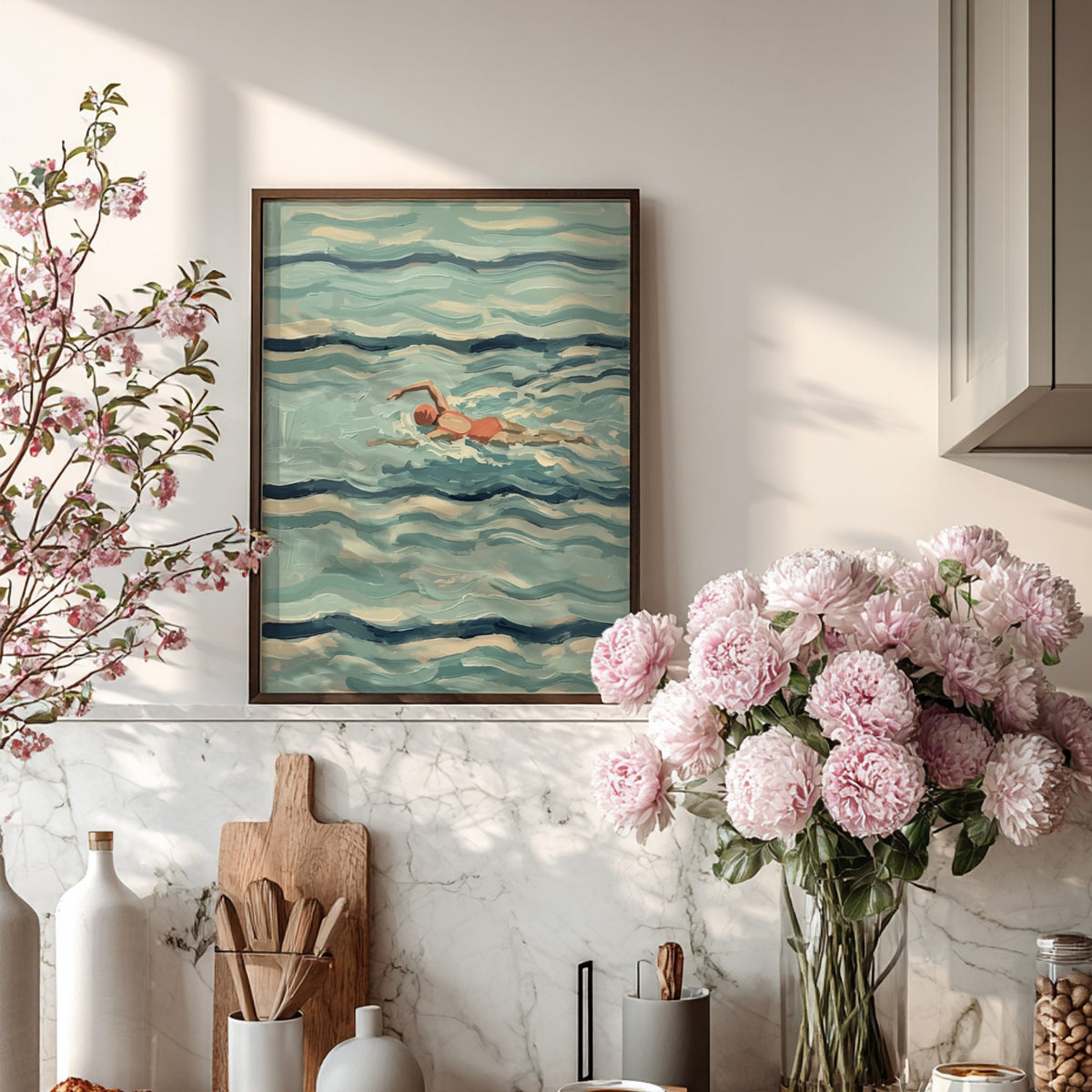Poster of a person swimming through textured blue waves in a vintage painterly style