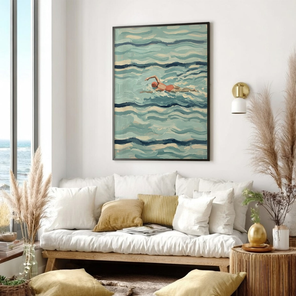 Poster of a person swimming through textured blue waves in a vintage painterly style