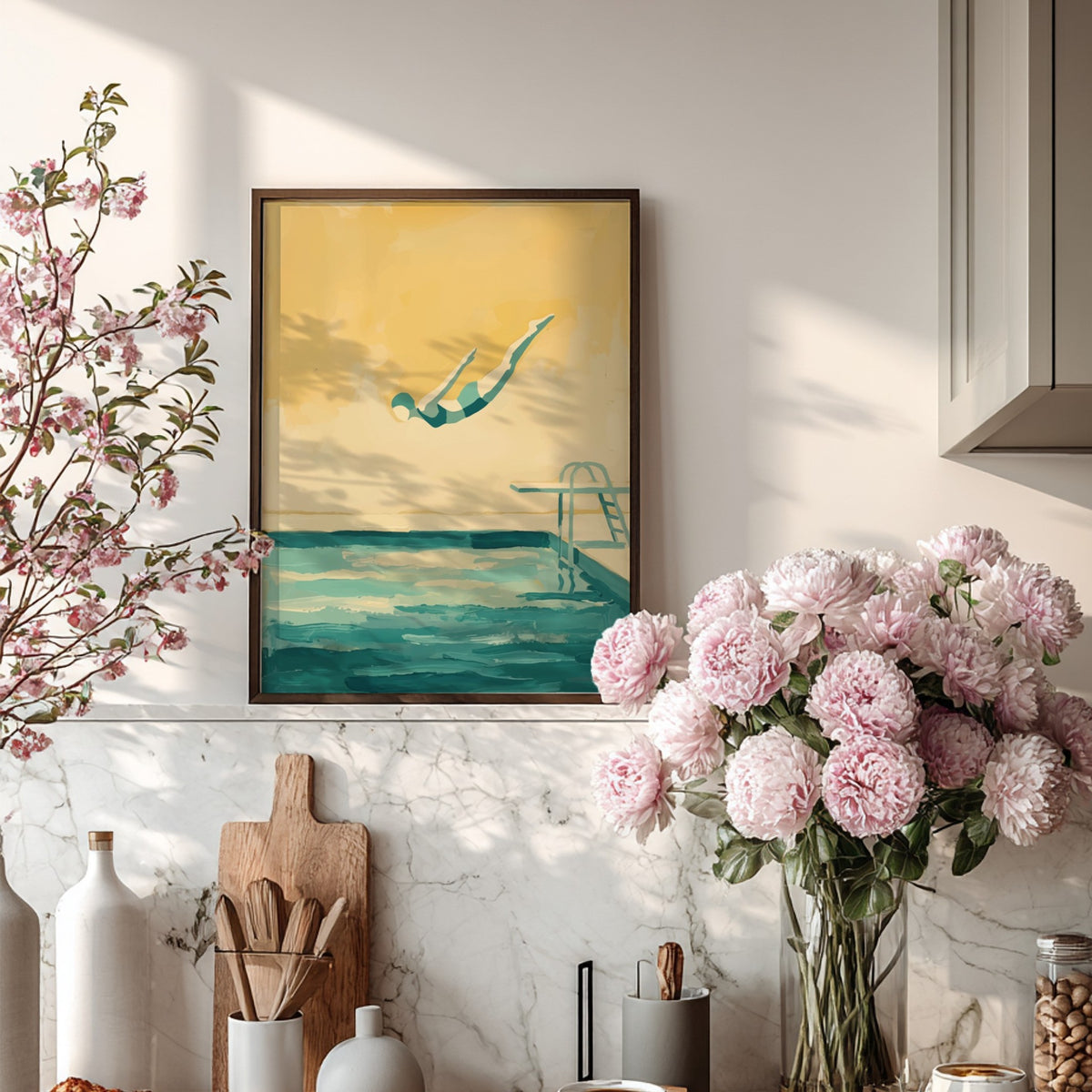 Poster of a diver leaping into a pool with muted teal and golden tones.