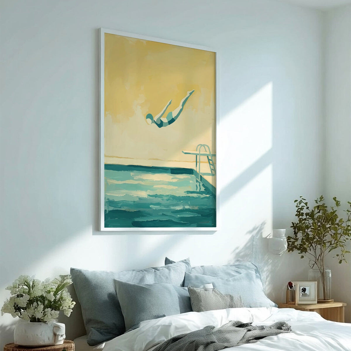 Poster of a diver leaping into a pool with muted teal and golden tones.