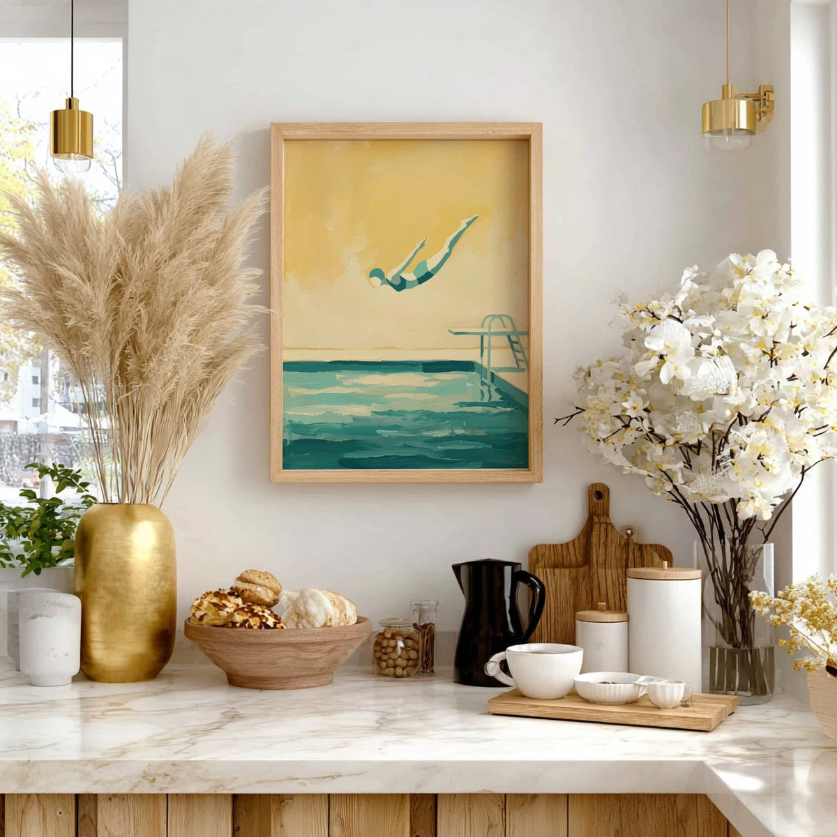 Poster of a diver leaping into a pool with muted teal and golden tones.