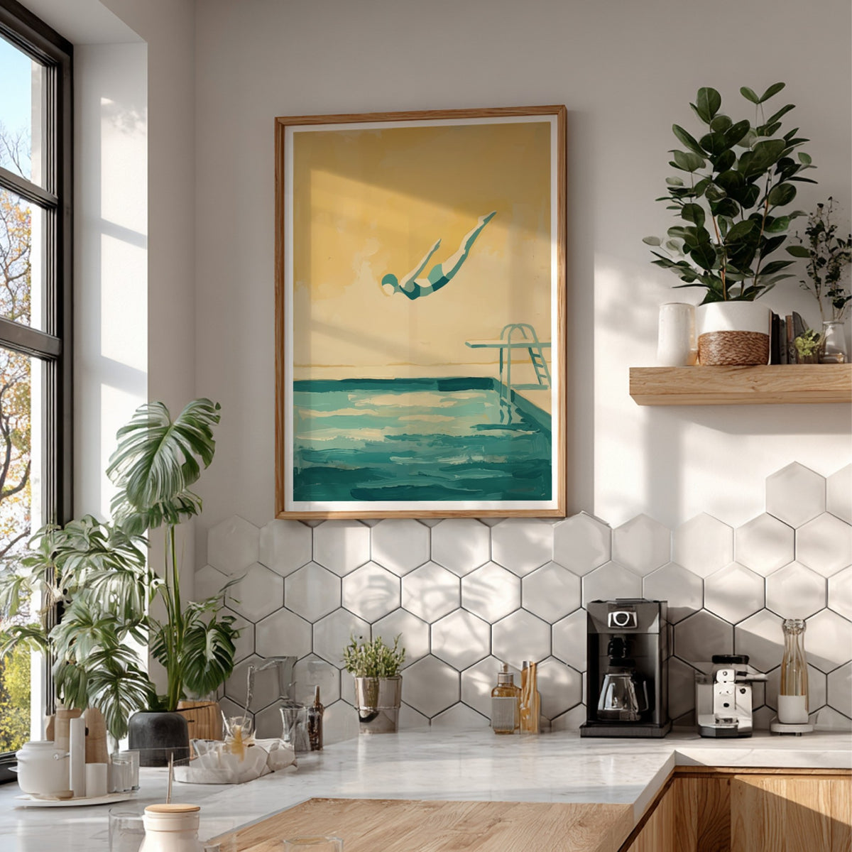 Poster of a diver leaping into a pool with muted teal and golden tones.