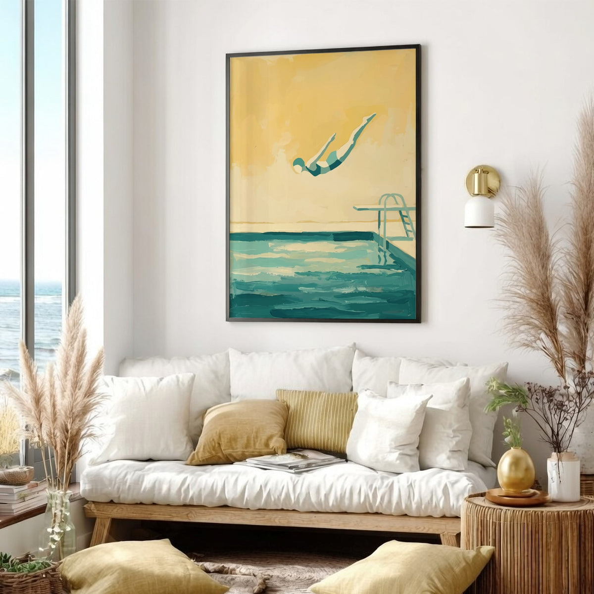 Poster of a diver leaping into a pool with muted teal and golden tones.