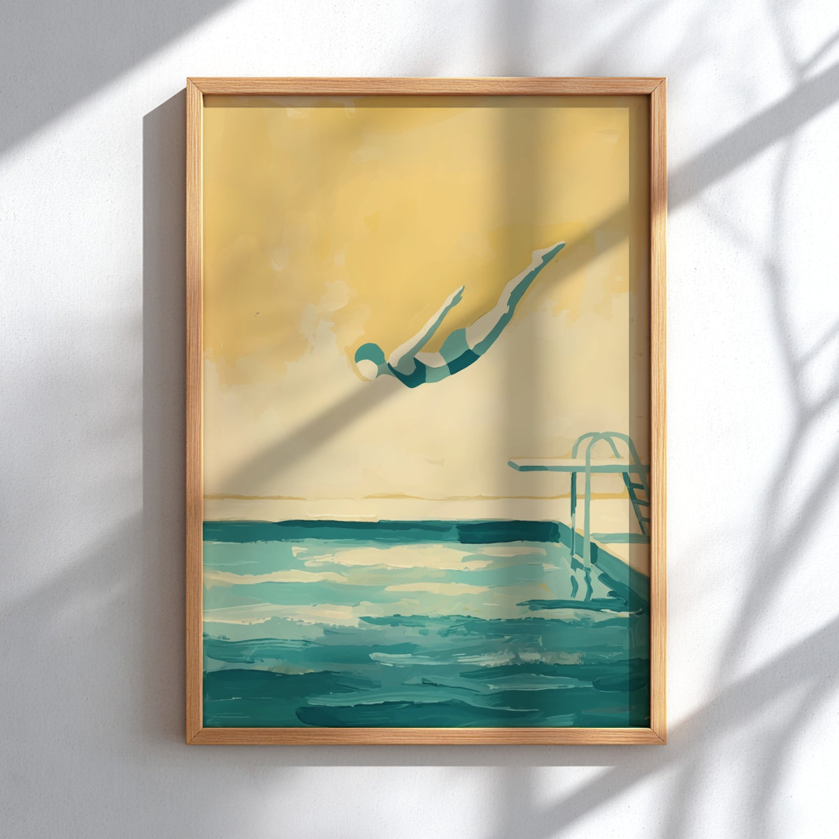 Poster of a diver leaping into a pool with muted teal and golden tones.