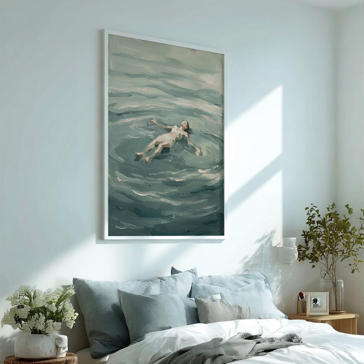 Poster featuring an impressionist painting of a woman floating peacefully in calm blue water
