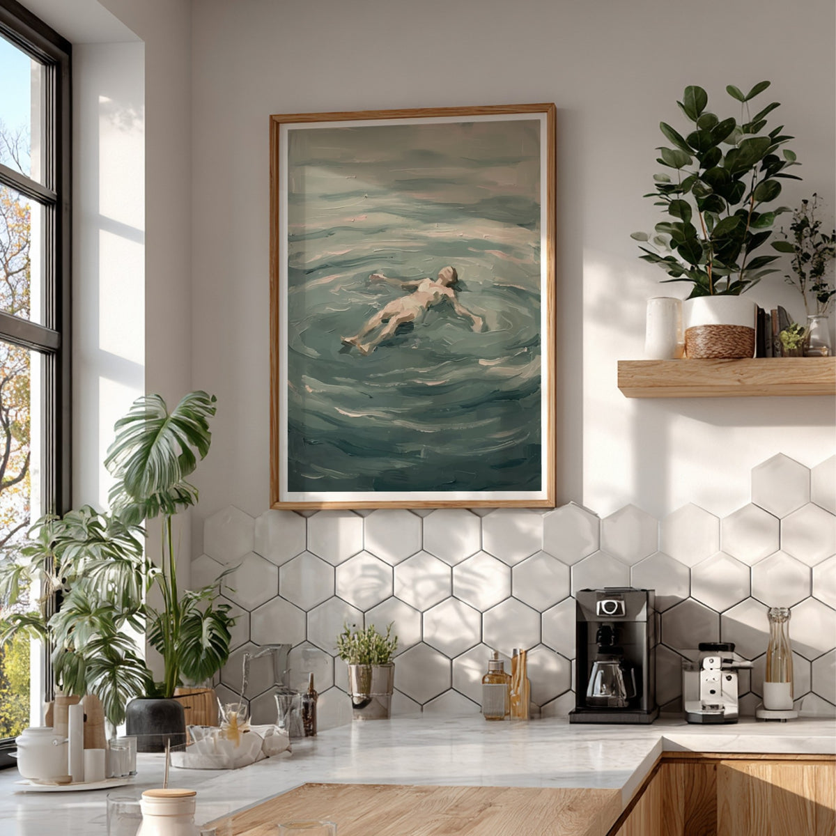 Poster featuring an impressionist painting of a woman floating peacefully in calm blue water