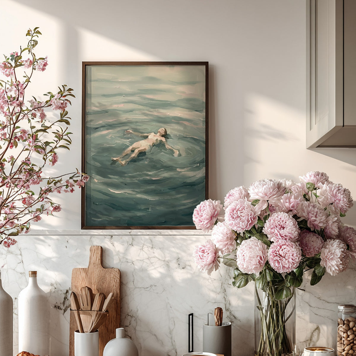 Poster featuring an impressionist painting of a woman floating peacefully in calm blue water