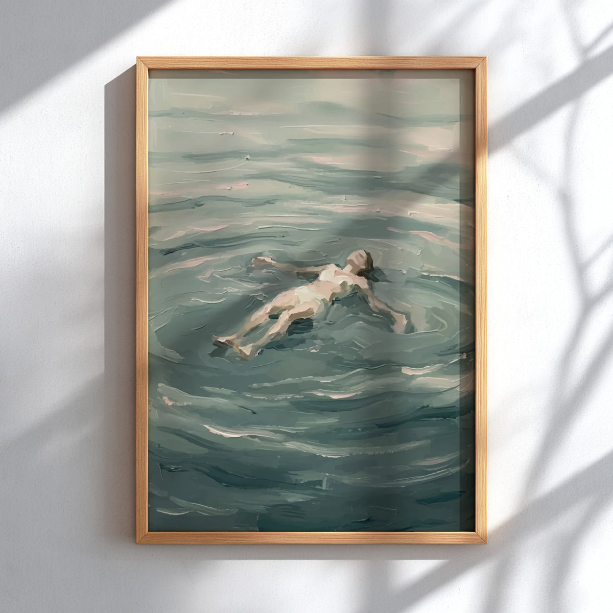 Poster featuring an impressionist painting of a woman floating peacefully in calm blue water