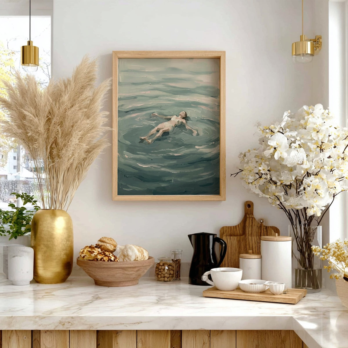 Poster featuring an impressionist painting of a woman floating peacefully in calm blue water