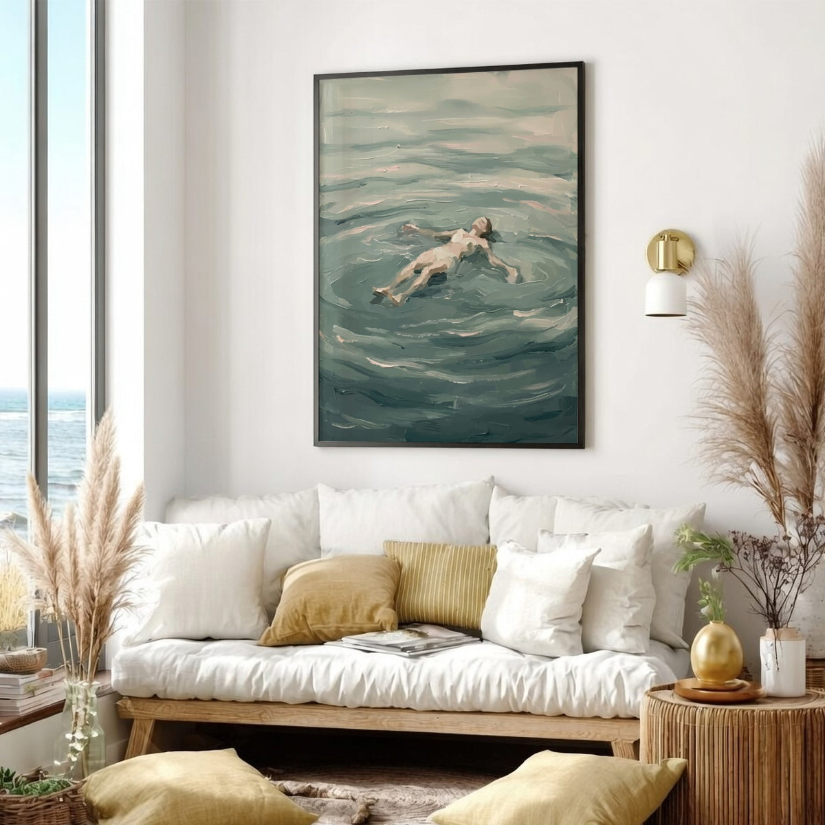 Poster featuring an impressionist painting of a woman floating peacefully in calm blue water