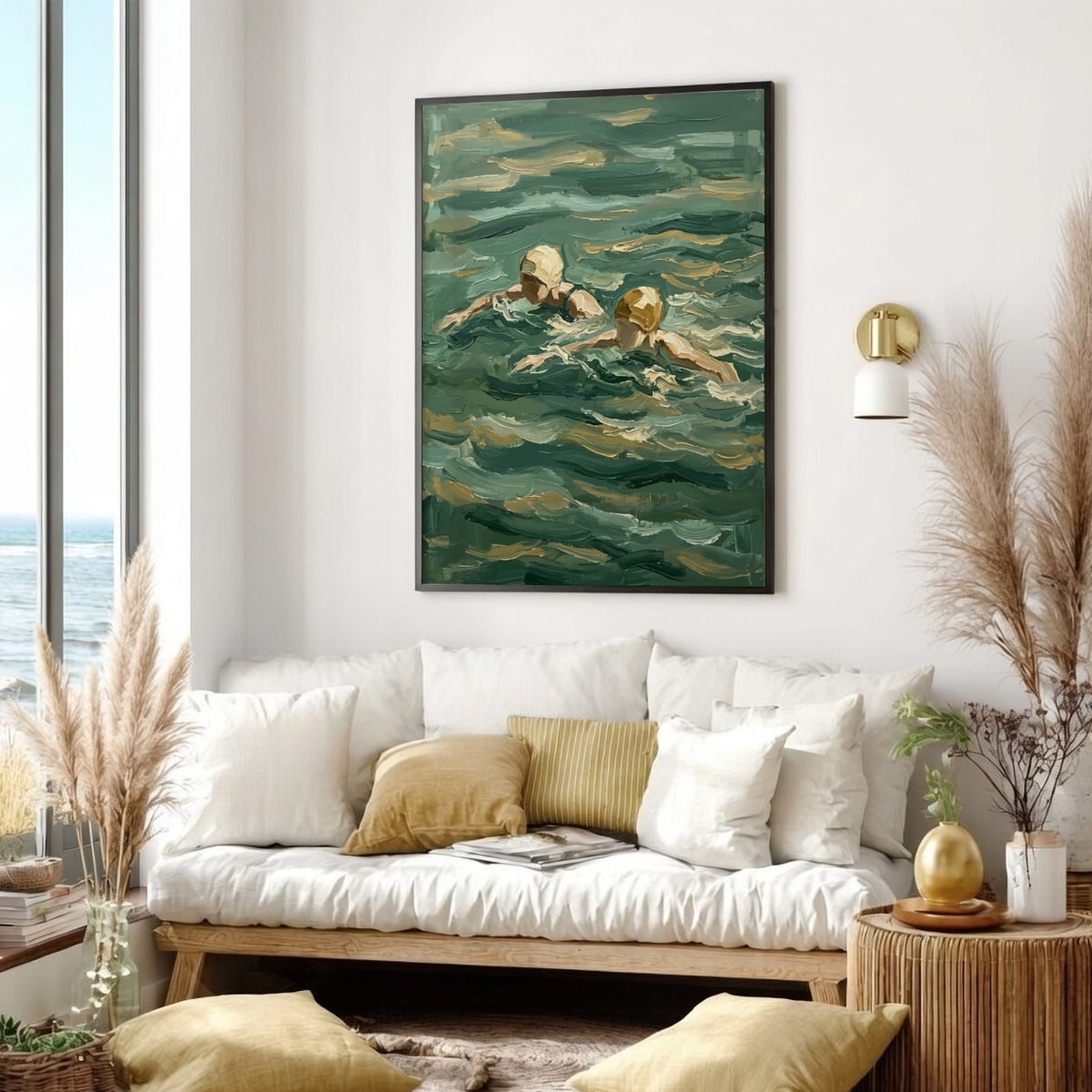Poster featuring two swimmers in textured deep green water with soft yellow caps