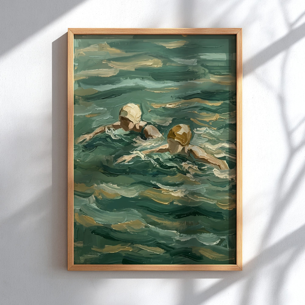 Poster featuring two swimmers in textured deep green water with soft yellow caps