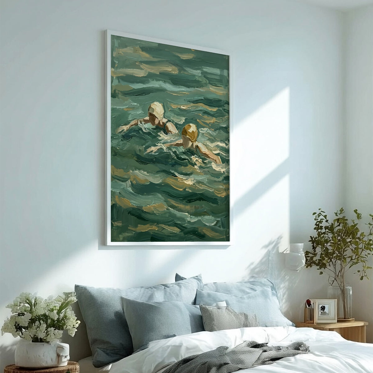 Poster featuring two swimmers in textured deep green water with soft yellow caps