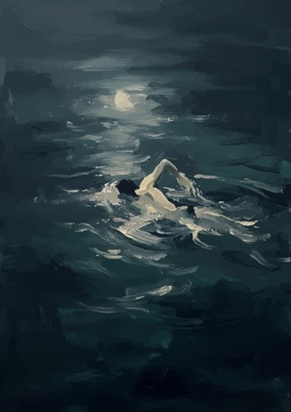 Poster featuring a solitary figure swimming through dark moody ocean waves under moonlight