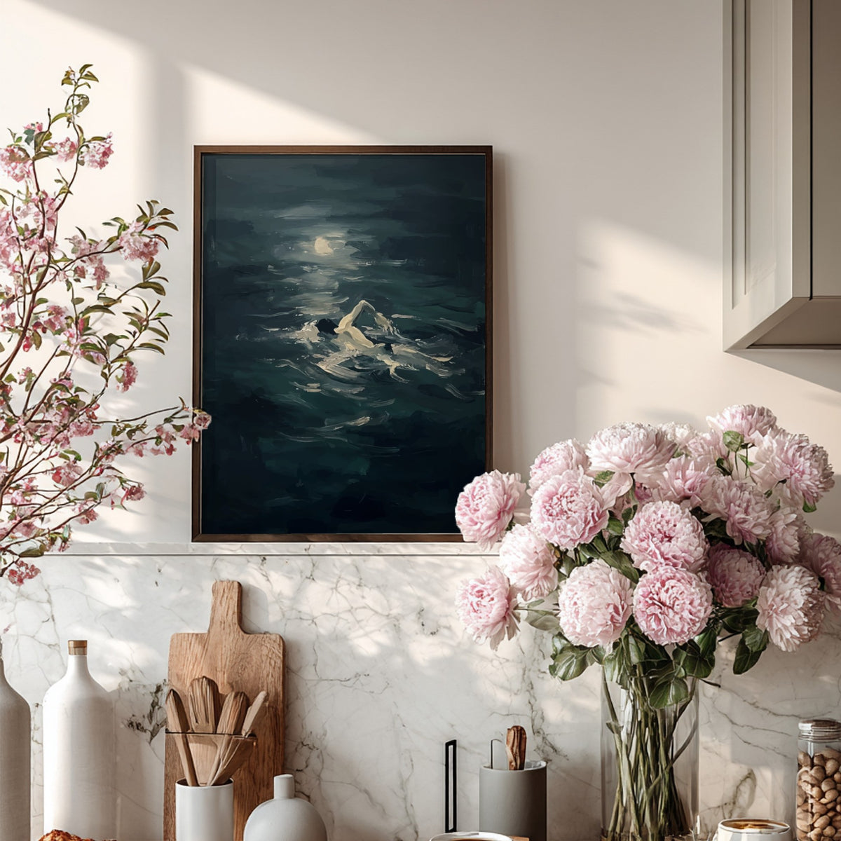Poster featuring a solitary figure swimming through dark moody ocean waves under moonlight