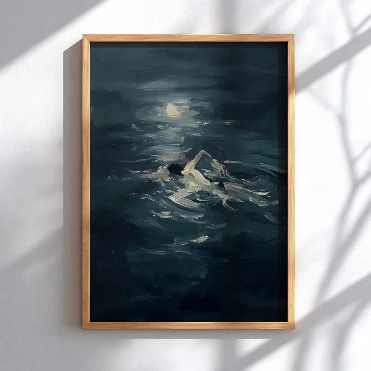 Poster featuring a solitary figure swimming through dark moody ocean waves under moonlight