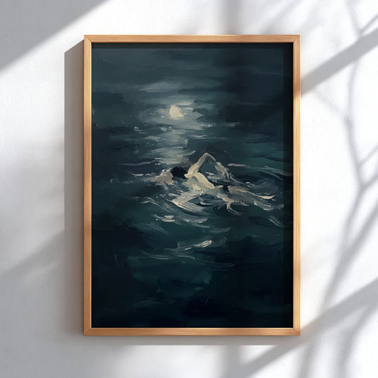 Poster featuring a solitary figure swimming through dark moody ocean waves under moonlight