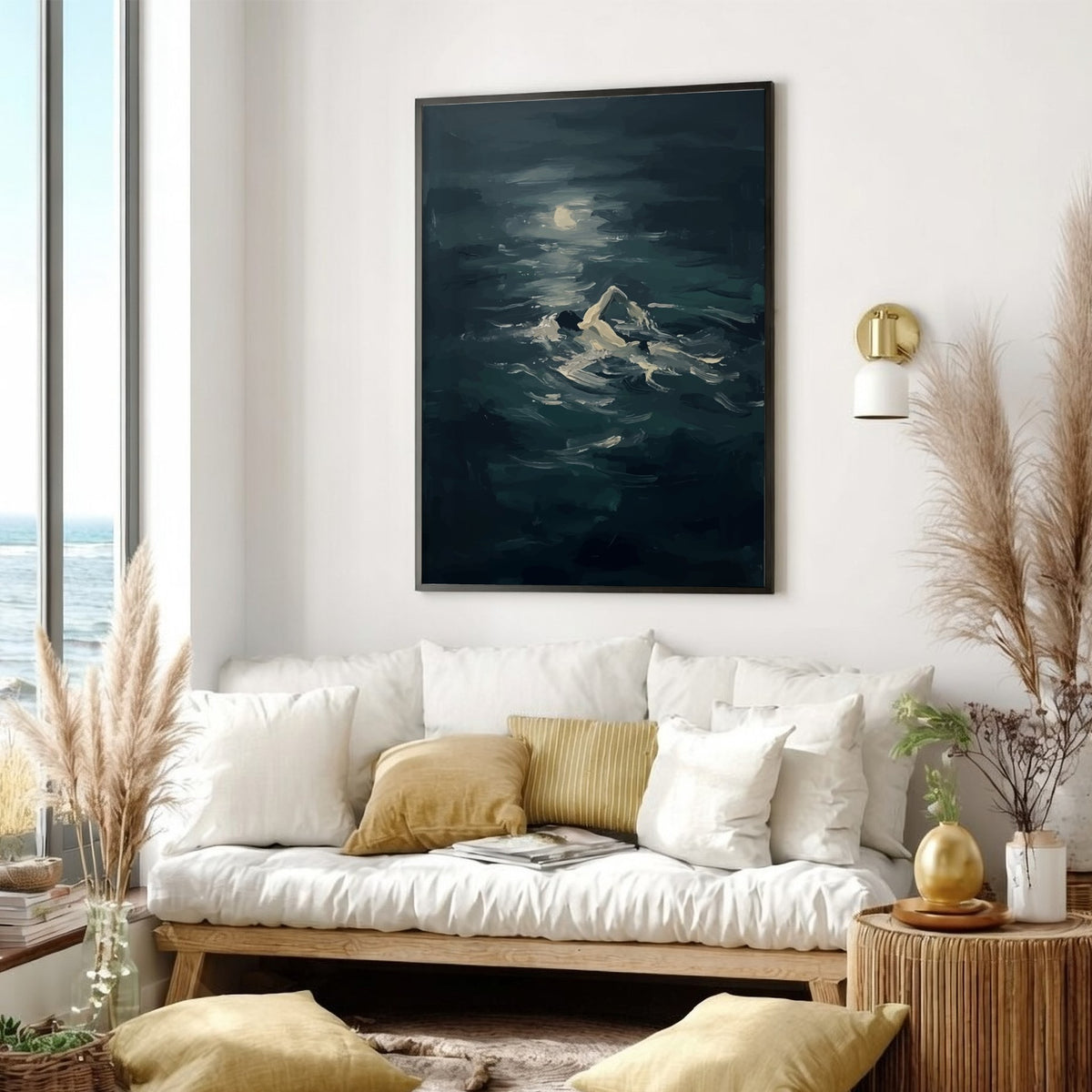 Poster featuring a solitary figure swimming through dark moody ocean waves under moonlight