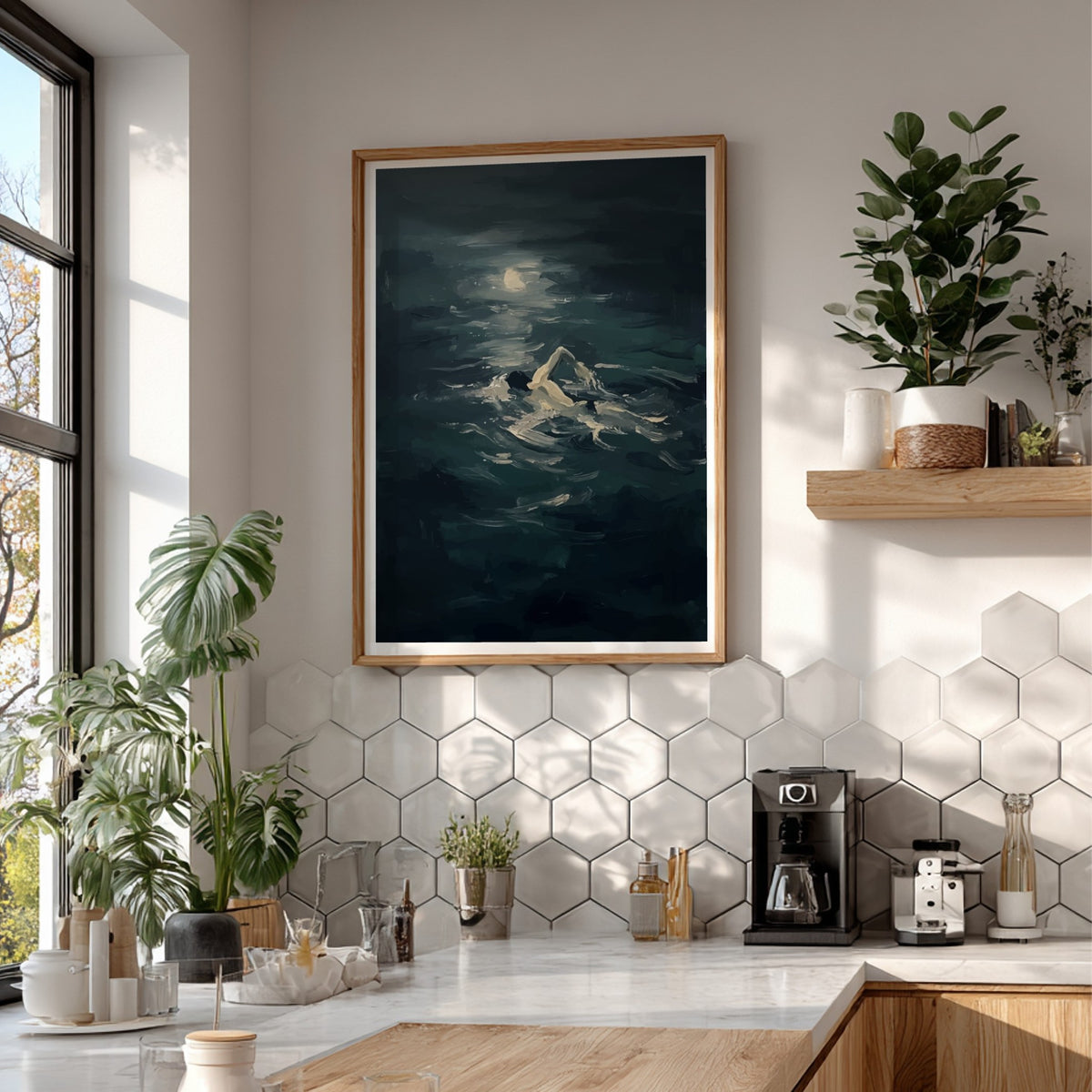 Poster featuring a solitary figure swimming through dark moody ocean waves under moonlight