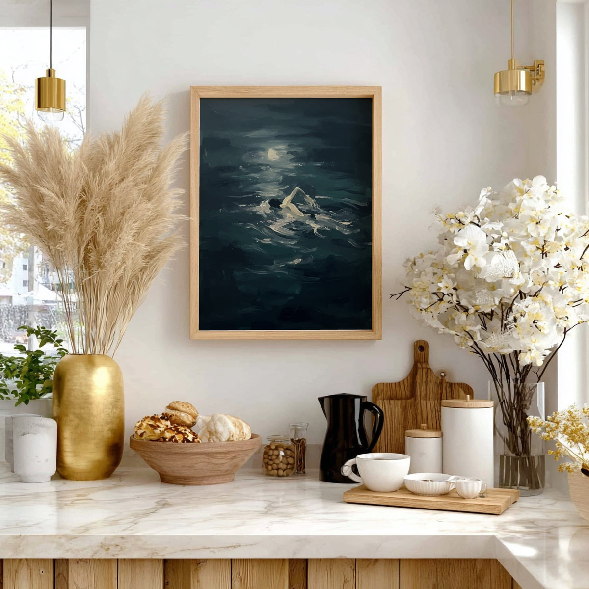 Poster featuring a solitary figure swimming through dark moody ocean waves under moonlight
