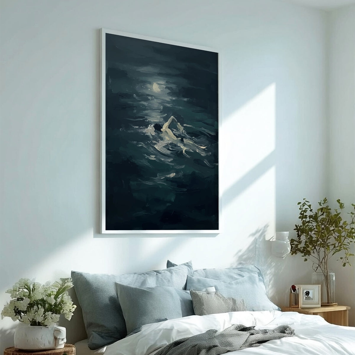 Poster featuring a solitary figure swimming through dark moody ocean waves under moonlight