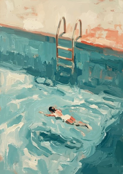 Poster featuring a woman swimming in a pool with thick impasto blue paint texture