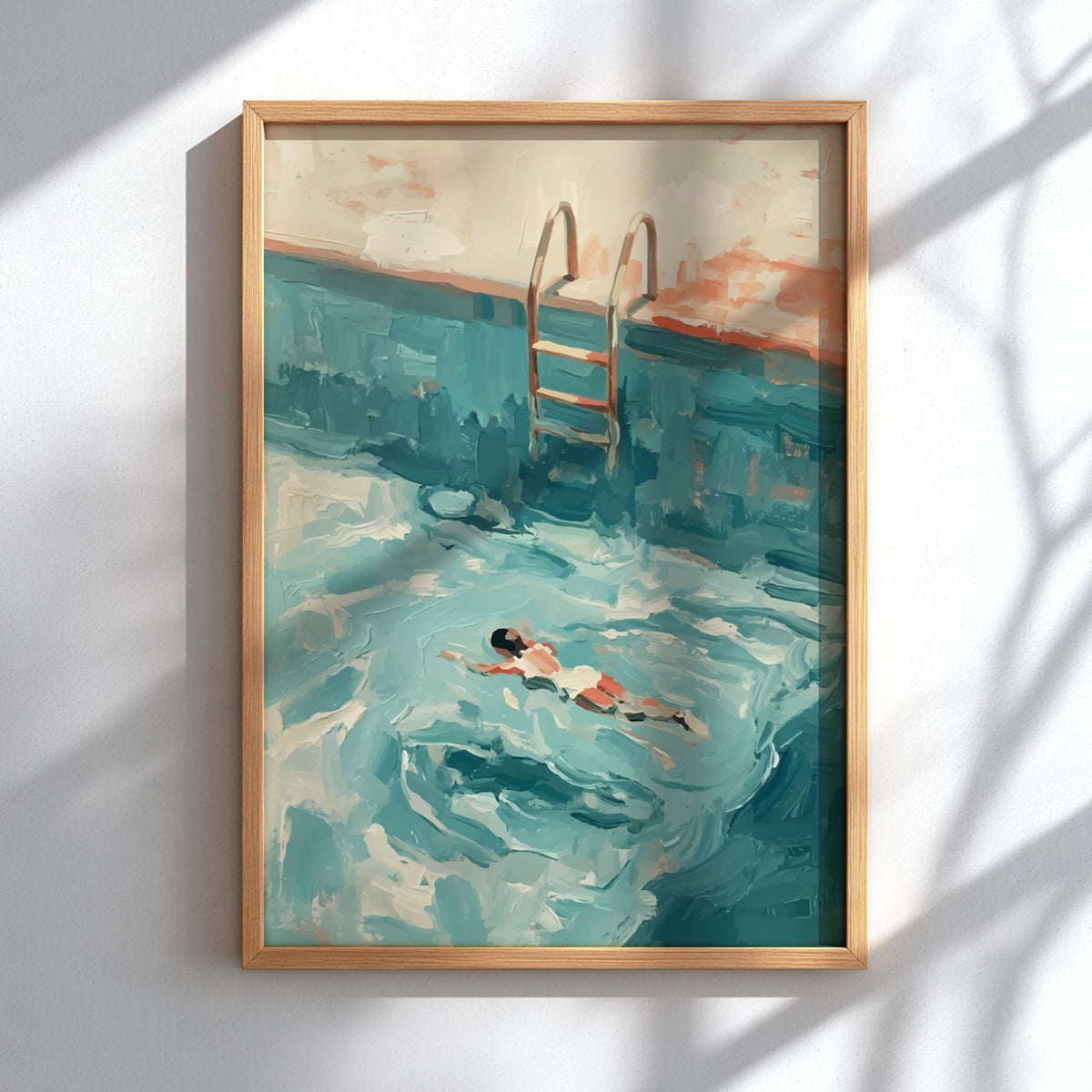 Poster featuring a woman swimming in a pool with thick impasto blue paint texture