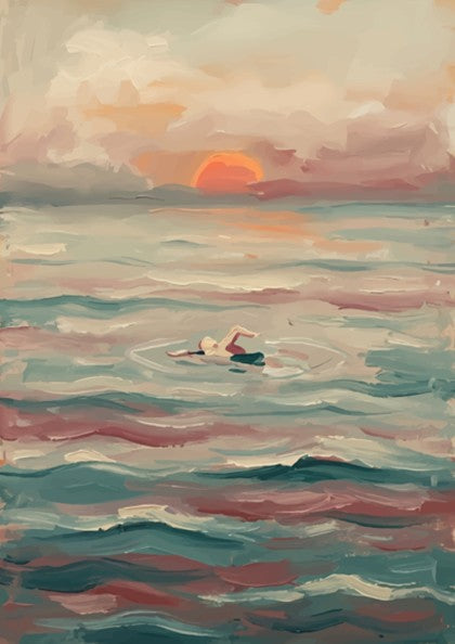 Poster featuring an oil painting of a lone swimmer in teal water at sunset.