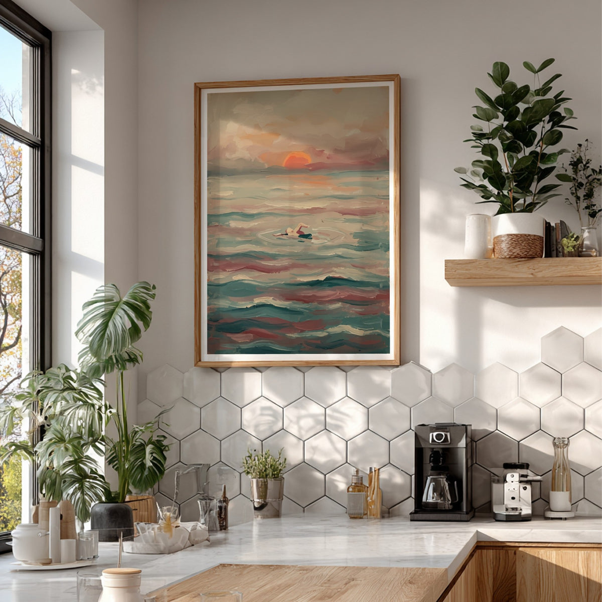 Poster featuring an oil painting of a lone swimmer in teal water at sunset.