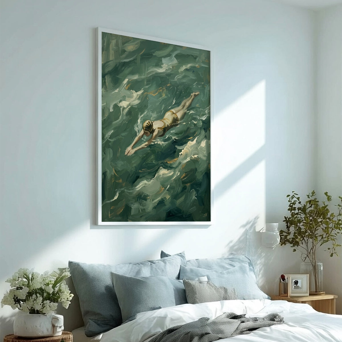 Poster of a vintage swimmer gliding through textured green waves in a painterly style