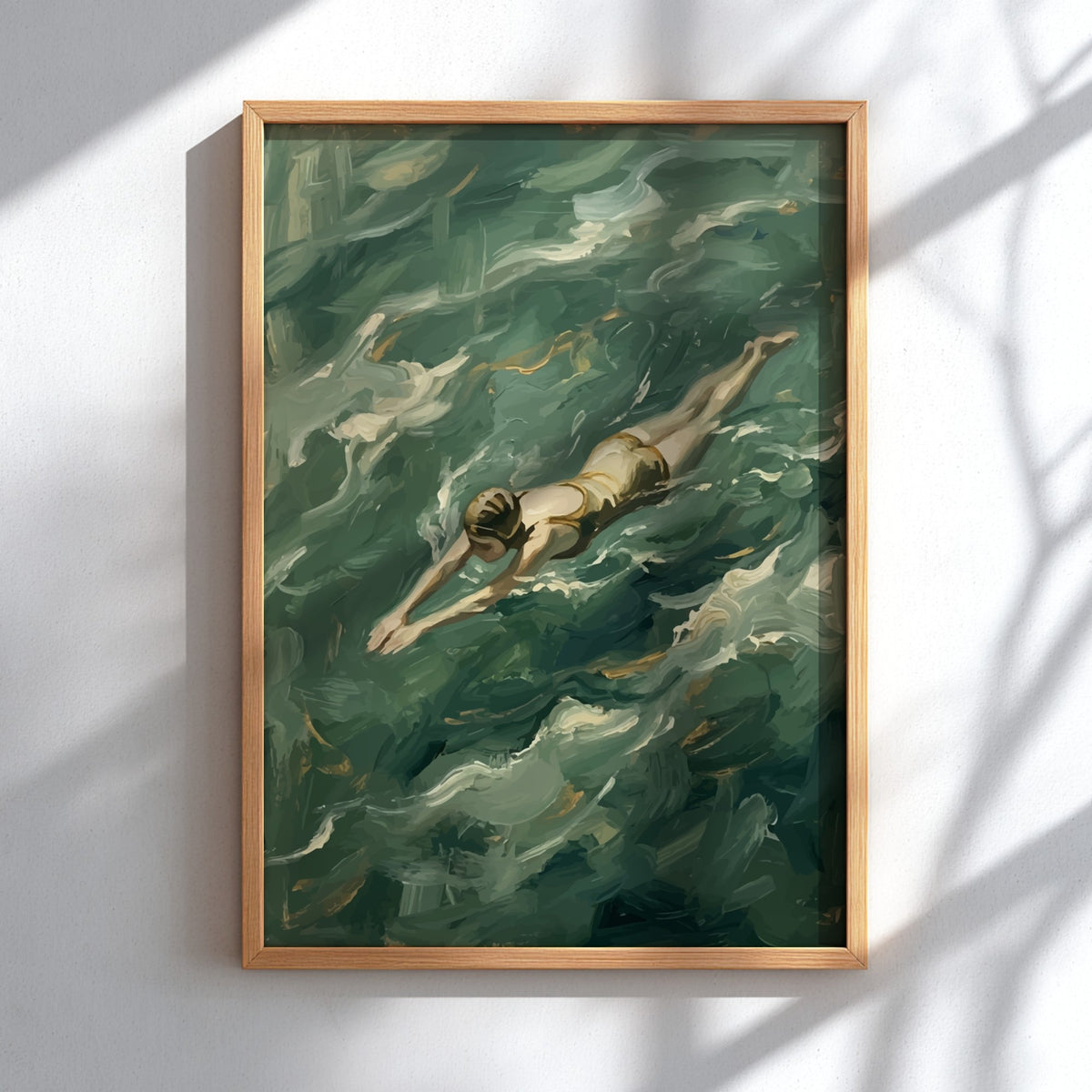 Poster of a vintage swimmer gliding through textured green waves in a painterly style