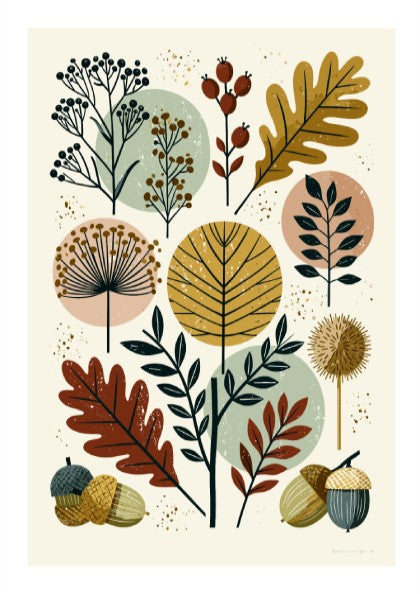 Abstract botanical print with autumn leaves, berries, and acorns in a mid-century modern style.