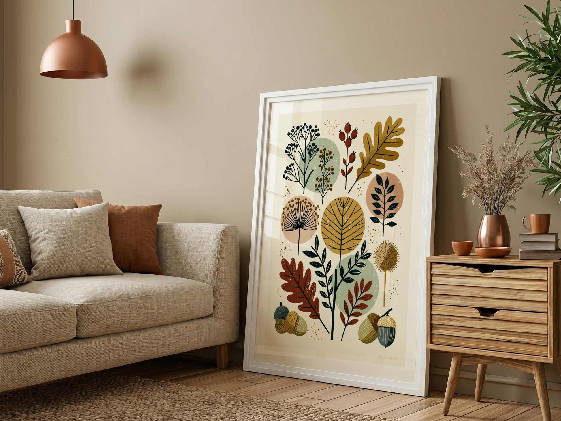 Abstract botanical print with autumn leaves, berries, and acorns in a mid-century modern style.