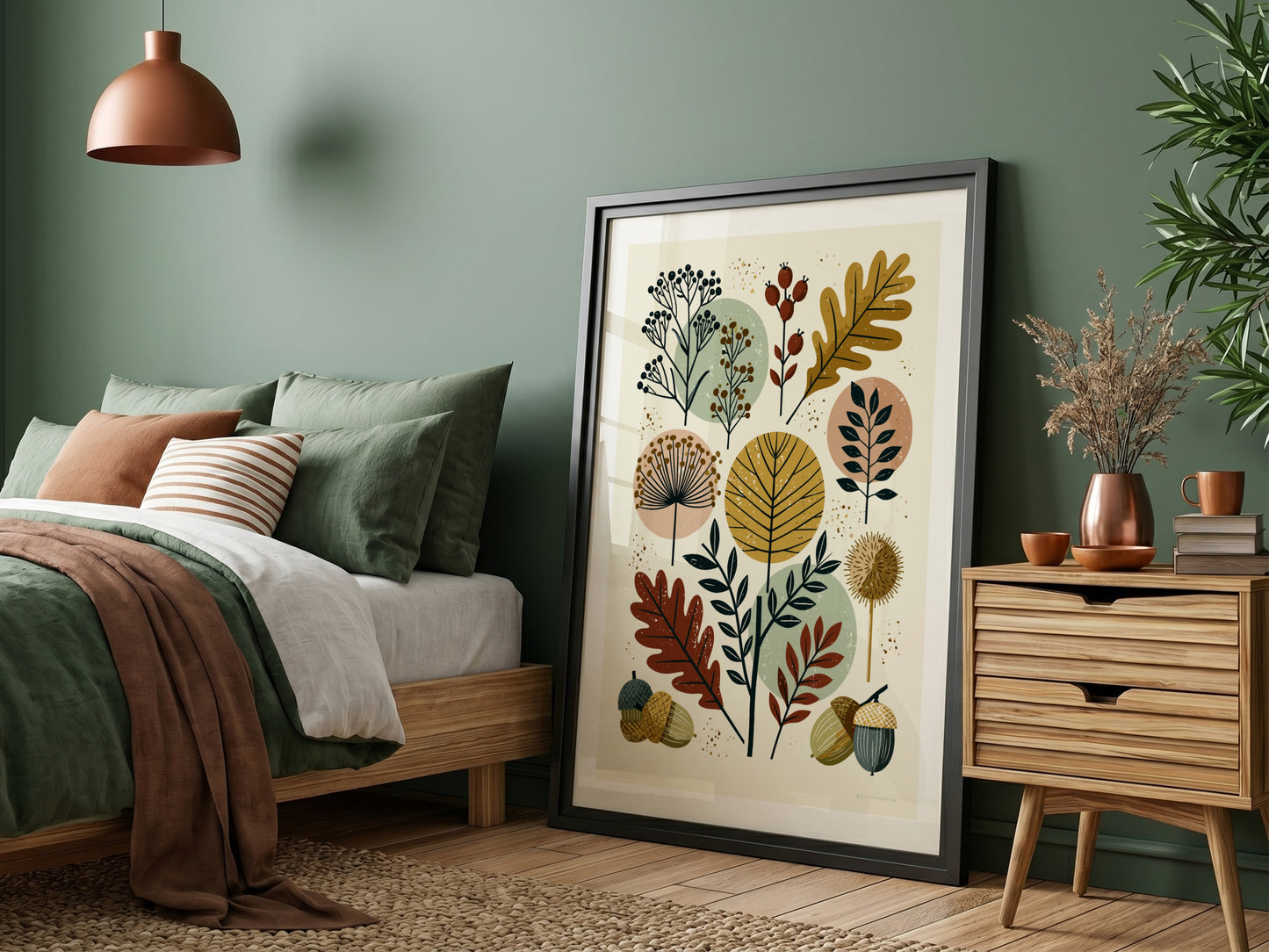 Abstract botanical print with autumn leaves, berries, and acorns in a mid-century modern style.