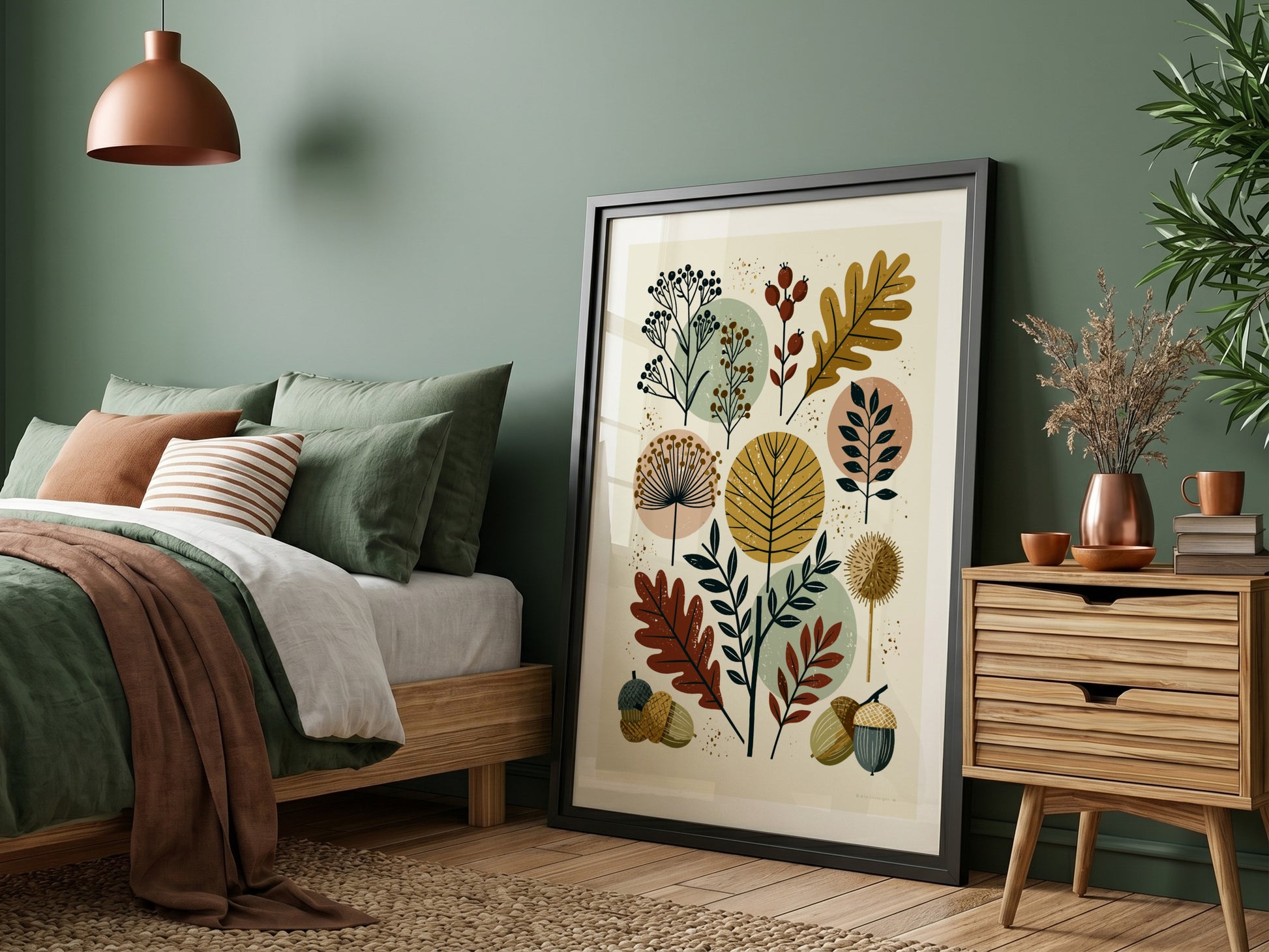 Abstract botanical print with autumn leaves, berries, and acorns in a mid-century modern style.