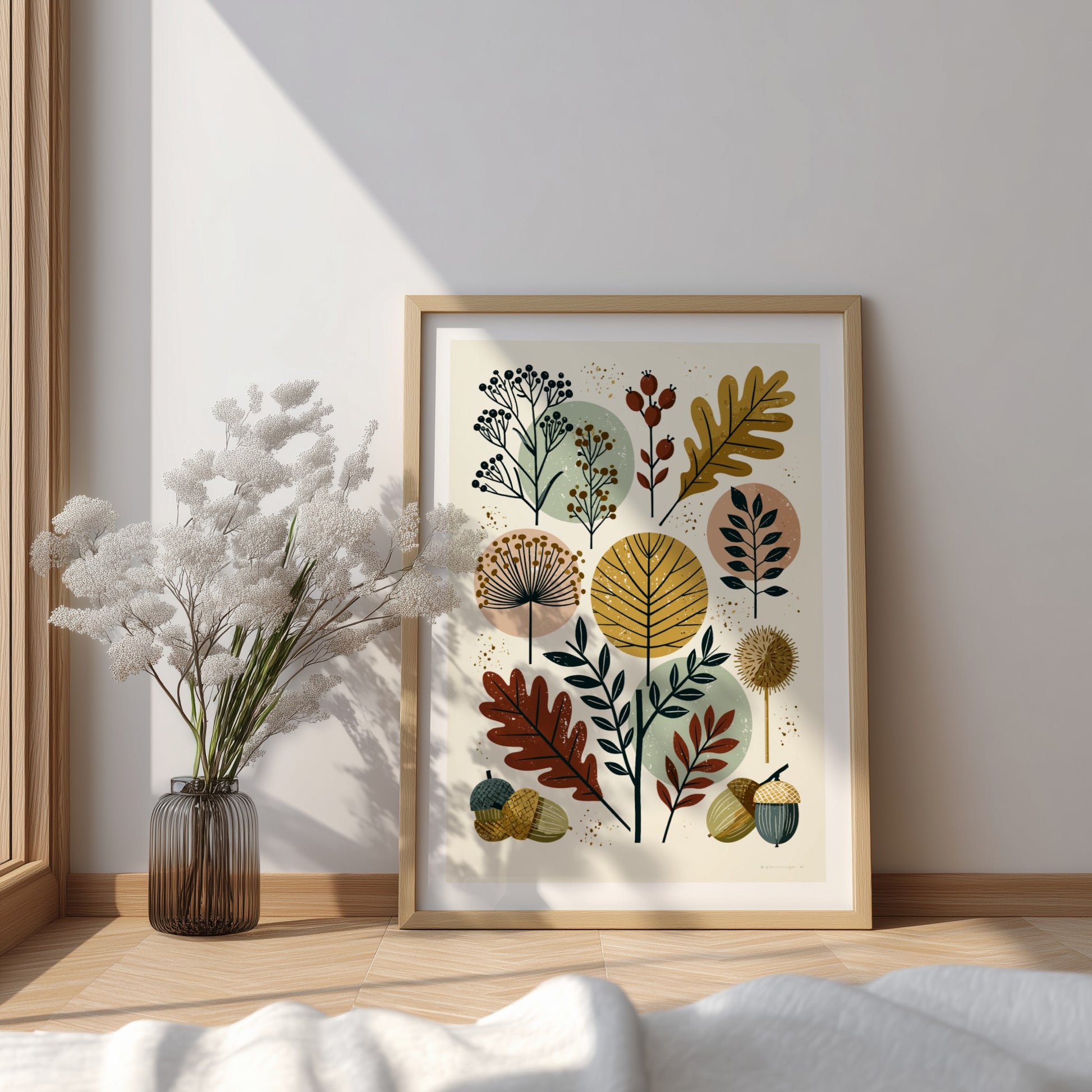 Abstract botanical print with autumn leaves, berries, and acorns in a mid-century modern style.