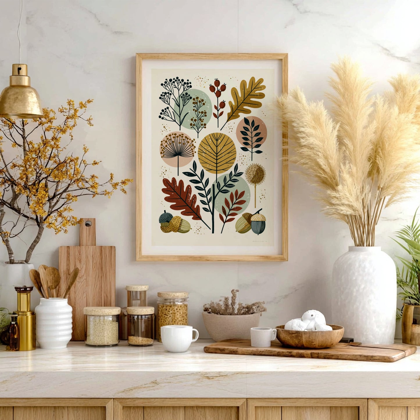 Abstract botanical print with autumn leaves, berries, and acorns in a mid-century modern style.