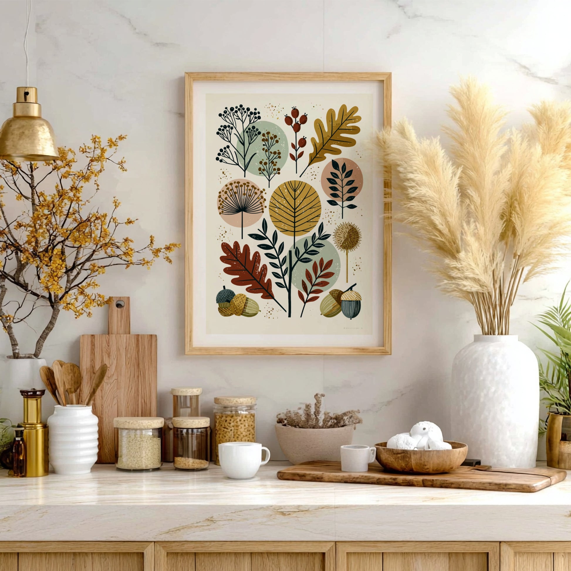 Abstract botanical print with autumn leaves, berries, and acorns in a mid-century modern style.