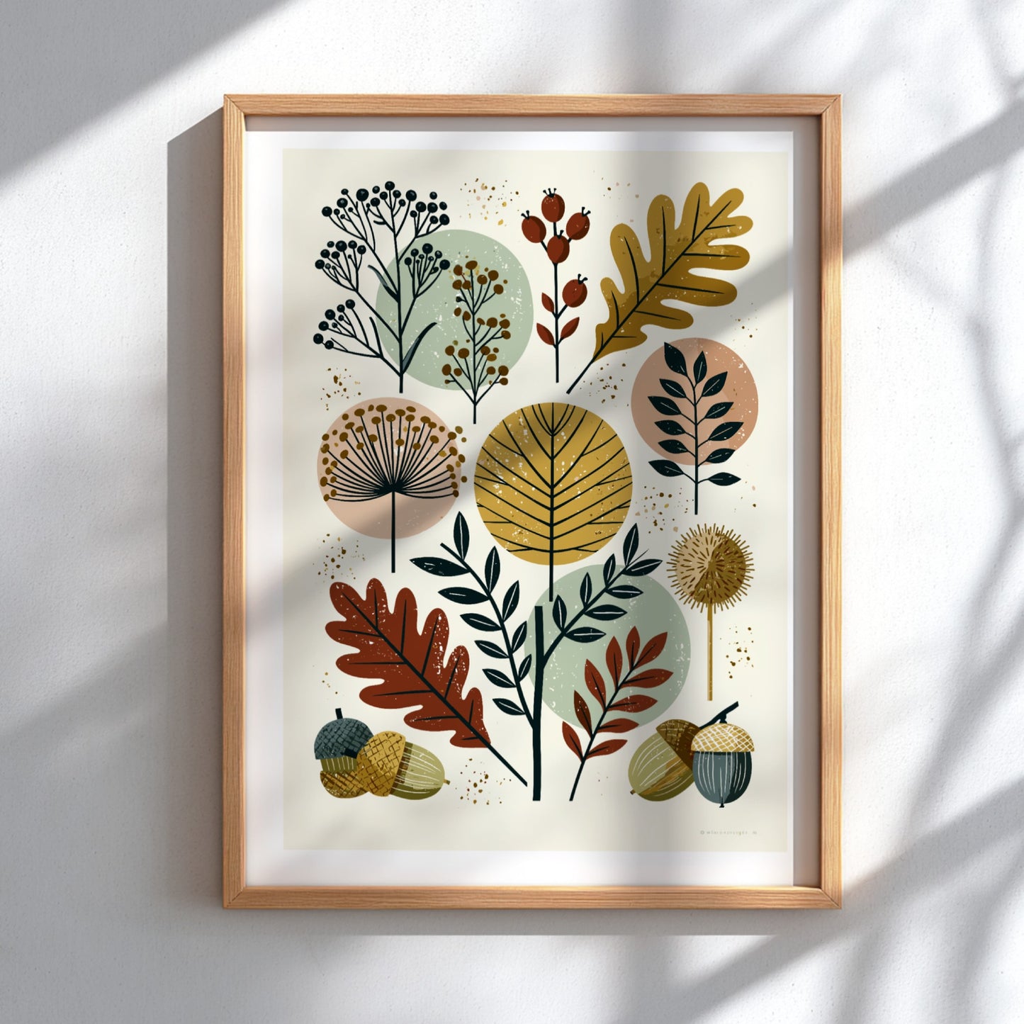 Abstract botanical print with autumn leaves, berries, and acorns in a mid-century modern style.
