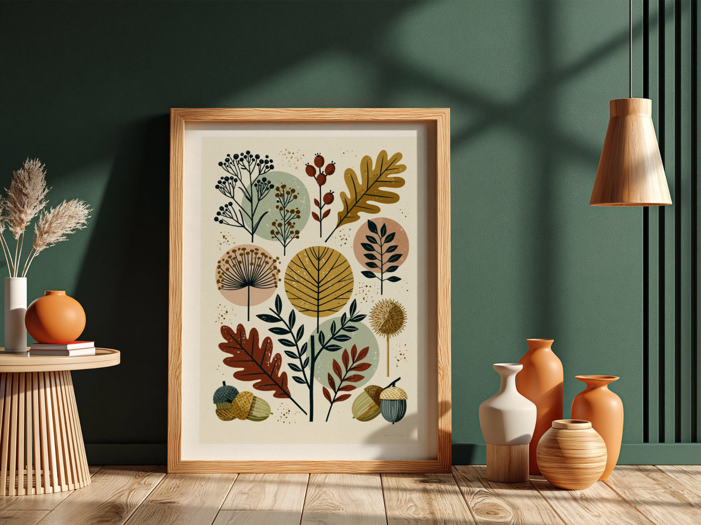 Abstract botanical print with autumn leaves, berries, and acorns in a mid-century modern style.